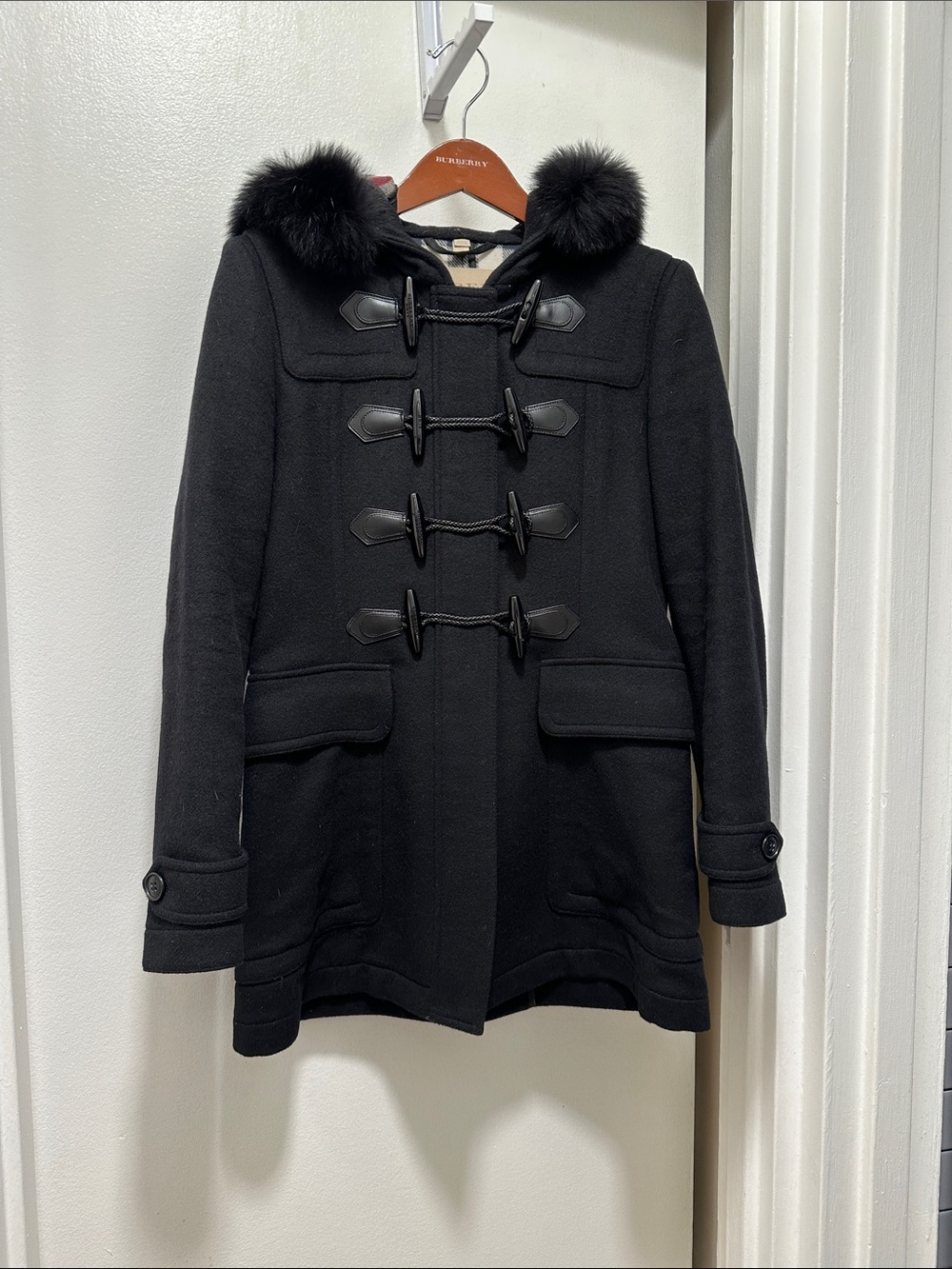 Burberry Brit Black Toggle Wool Pea Coat with Fur Trim